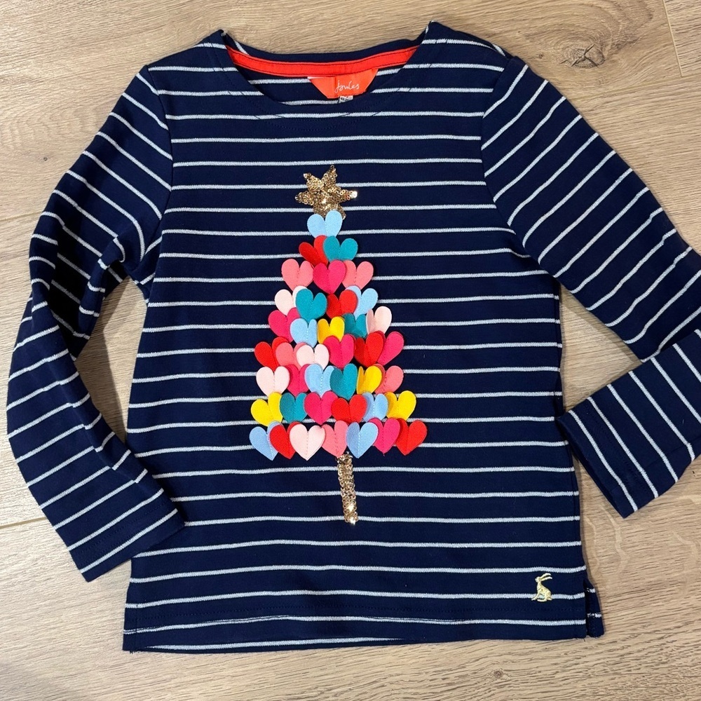 Joules Navy Striped Kids Shirt with Colorful Heart Tree Sz 5 Girl’s